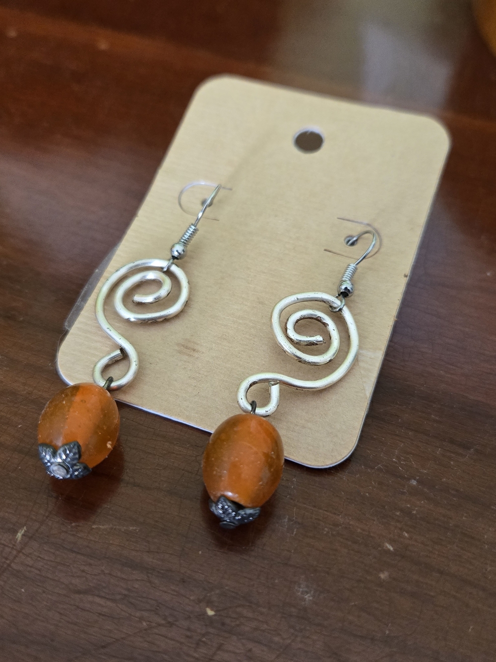 Silver Spiral Drop Earrings with Orange Beads - Women Jewelry